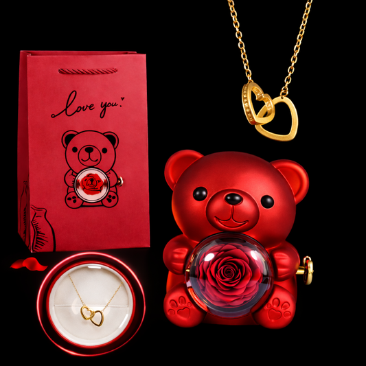 SweetRose - Różany Miś + Złoty Łańcuszek