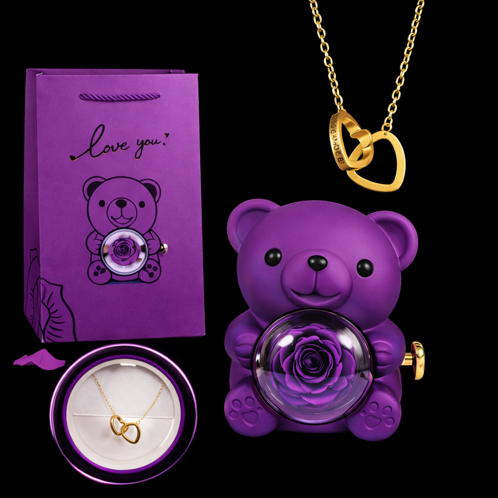 SweetRose - Różany Miś + Złoty Łańcuszek