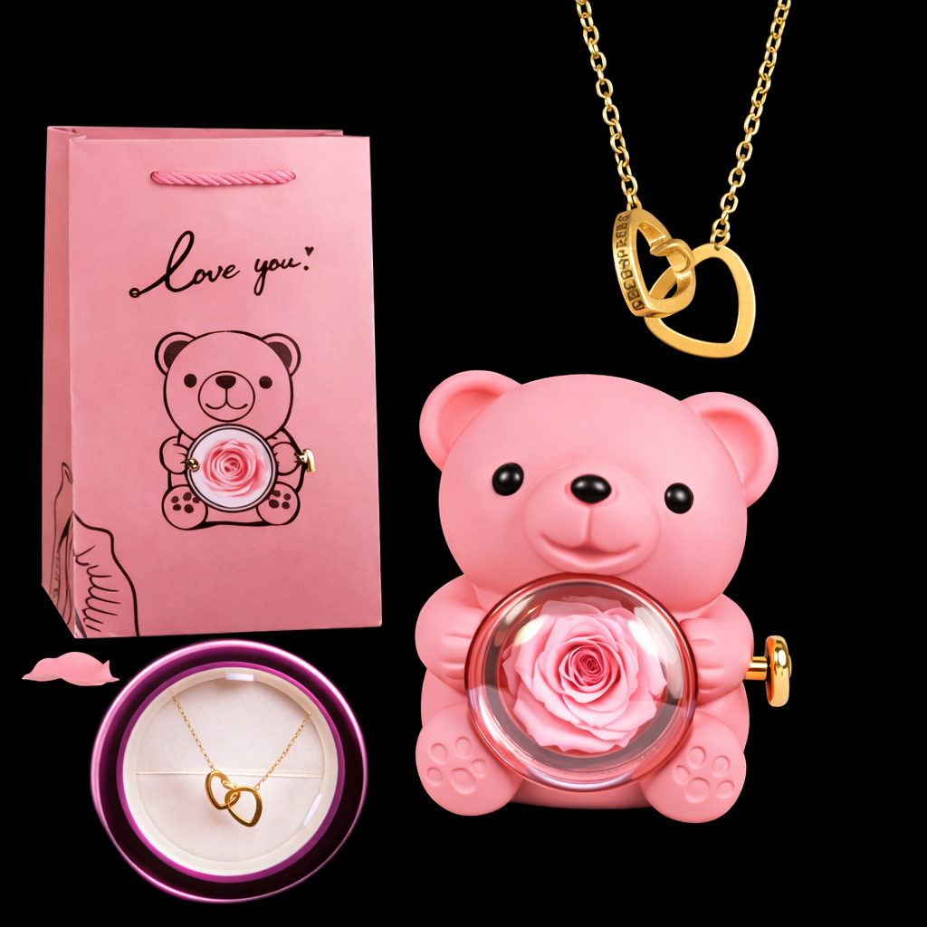 SweetRose - Różany Miś + Złoty Łańcuszek